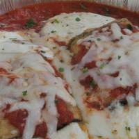 #2 Eggplant Involtini · Italian Cheese Blend, rolled in thinly sliced Eggplant and baked in Pomodoro Sauce
