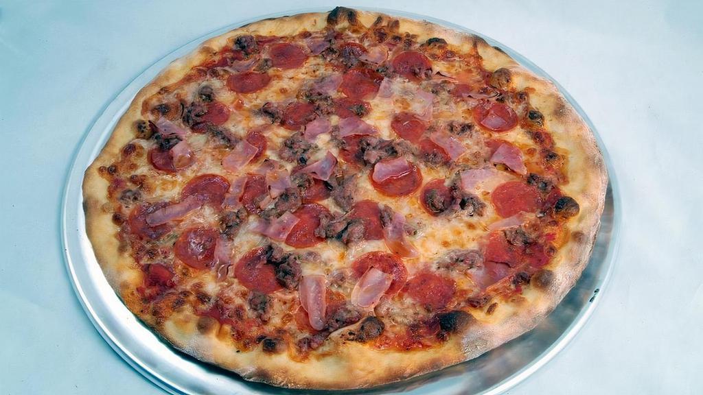 #20 Large Mega Meat · Pepperoni, Sausage, Ham, Mozzarella Blend, and House Red Sauce.