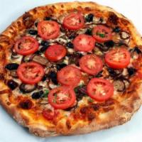 #18 Large Viva Las Veggie · Mushrooms, Kalamata Olives, Pickled Red Onions, and Roma Tomatoes