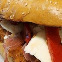 #33 The Godfather · Chicken Cutlet, Prosciutto, Fresh Mozzarella, Roasted Red Peppers, and Oil/Vinegar.