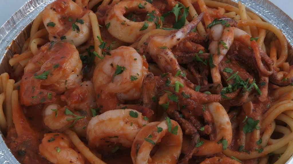 #40 Stallone Fra Diavolo · Shrimp/Squid sauteed in a 'spicy' red sauce. Served in Bucatini
