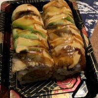 Dragon Gone Wild · In: spicy tuna, cucumber top: eel, avocado sauce: sweet sauce and spicy mayo etc.: contain r...
