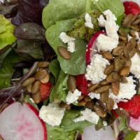 House Salad · local greens, fresh strawberries, radishes, pepita seeds, feta cheese, and your choice of gr...