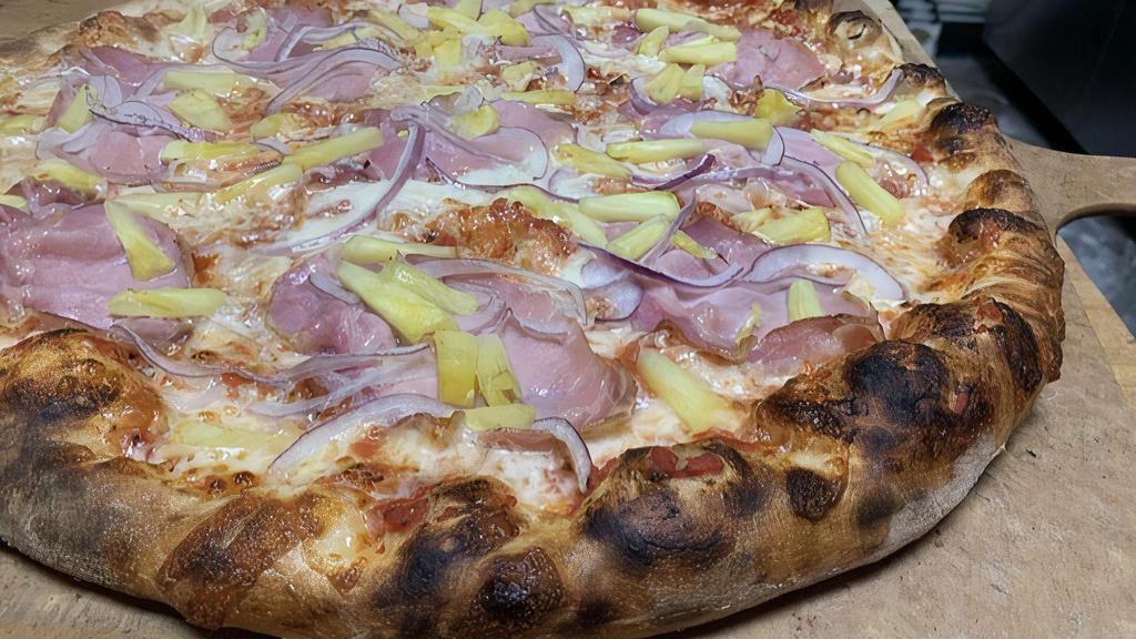 Aubrey Graham · House canadian bacon, red onion, fresh pineapple.

As of March 31, 2022, we no longer offer 1/2 and 1/2 pizzas.