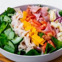 Chef Salad · Turkey, ham, cheddar & Swiss cheese, tomato, cucumbers, bell peppers & onions on romaine let...