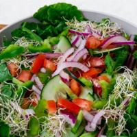 Spring Salad · Tomato, cucumbers, bell peppers & onions on romaine lettuce.
