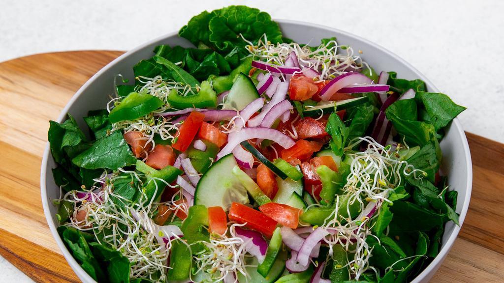 Spring Salad · Tomato, cucumbers, bell peppers & onions on romaine lettuce.