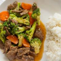 Broccoli Beef · Broccoli bamboo shoots and carrots sauteed with tender sliced beef in brown sauce.