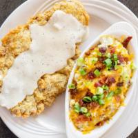 Texas-Sized Chicken Fried Steak · Premium Angus Beef steak double size, hand battered deep fried to a golden brown and topped ...