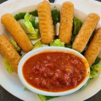 Cheese Sticks · Golden fried crispy battered Mozzarella cheese sticks served with your choice of dipping sau...
