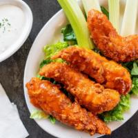 Buffalo Style Chicken Fingers · Lightly breaded tenders tossed with our spicy Chipotle Buffalo Sauce, topped with Bleu Chees...