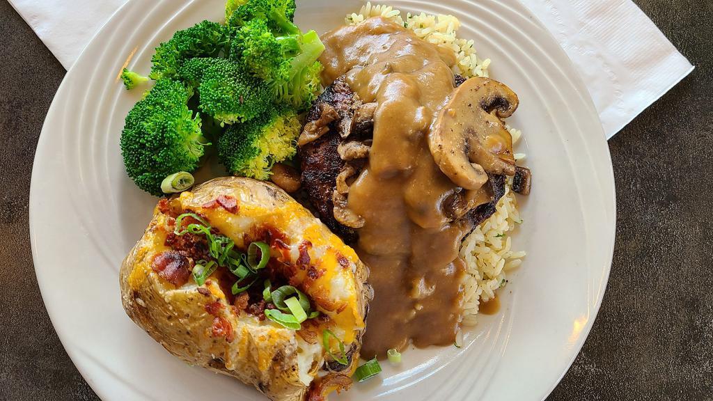 Char-Broiled Chopped Steak · Half pound Premium Angus beef, cooked medium well served on rice.  Topped with Brown Gravy and Sauteed mushrooms.