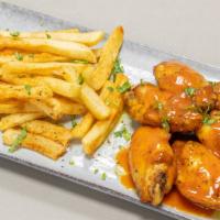 6 Piece Wings With Fries · Flavors are buffalo, BBQ, lemon, pepper, Mango Habanero original or naked.