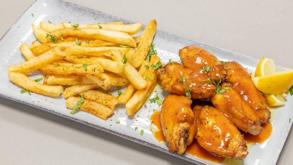 6 Piece Wings With Fries · Flavors are buffalo, BBQ, lemon, pepper, Mango Habanero original or naked.