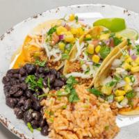 Meal Deal 3 Street Tacos · Three street tacos. Ground Beef, or meatless vegan and comes with rice and beans.