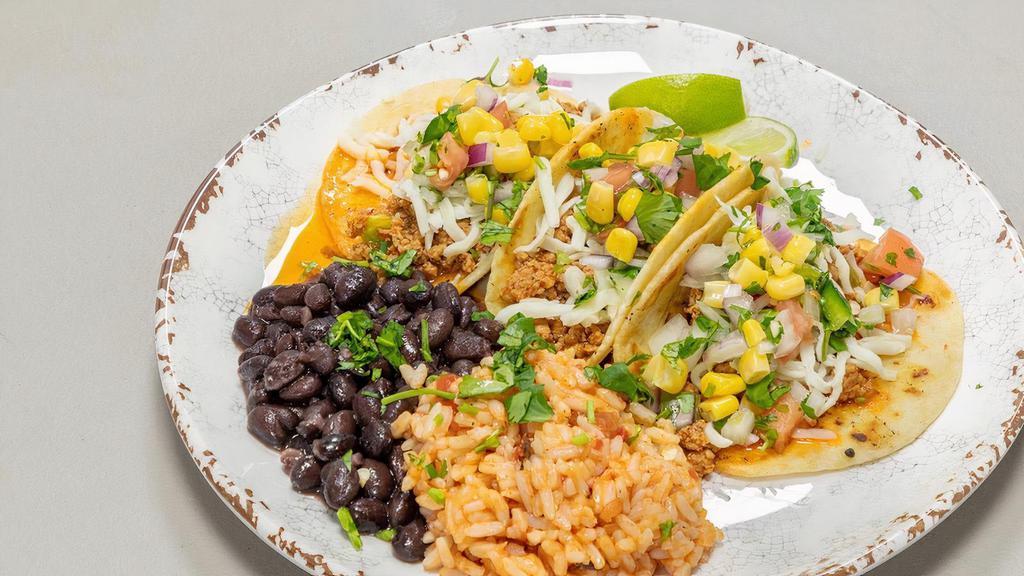 Meal Deal 3 Street Tacos · Three street tacos. Ground Beef, or meatless vegan and comes with rice and beans.