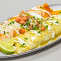 Enchilada (1) · Two enchiladas red or green. Chicken or Ground Beef. Pico de Gallo, and sour cream and salsa.