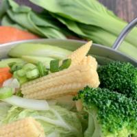 Veggie Soup · Mixed vegetables with chicken or shrimp in clear broth.
