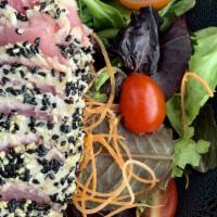 Ahi Tuna Salad · Seared ahi tuna over mixed greens with wasabi sesame dressing.