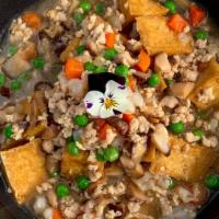 Full Throttle Tofu · Fried tofu slow cooked with ground chicken and shrimp, pea and carrot, chopped shitake mushr...