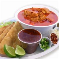 Pozole · Tasty stew made with pork, dried chiles, and hominy. Served with fried potato tacos and cabb...
