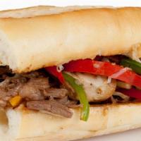 Steak Philly · chopped steak seasoned and grilled / mozarella cheese / caramelized onions / grilled red / g...