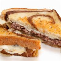 Patty Melt · beef patty / swiss cheese / caramelized onions / on toasted marbled rye