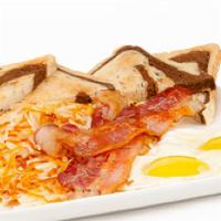 2 Egg Breakfast · two eggs* your style / choice of ham / bacon / or sausage / hash browns / choice of two slic...