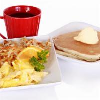 Cakes N Eggs Breakfast · double stack buttermilk pancakes / two eggs* / hash browns