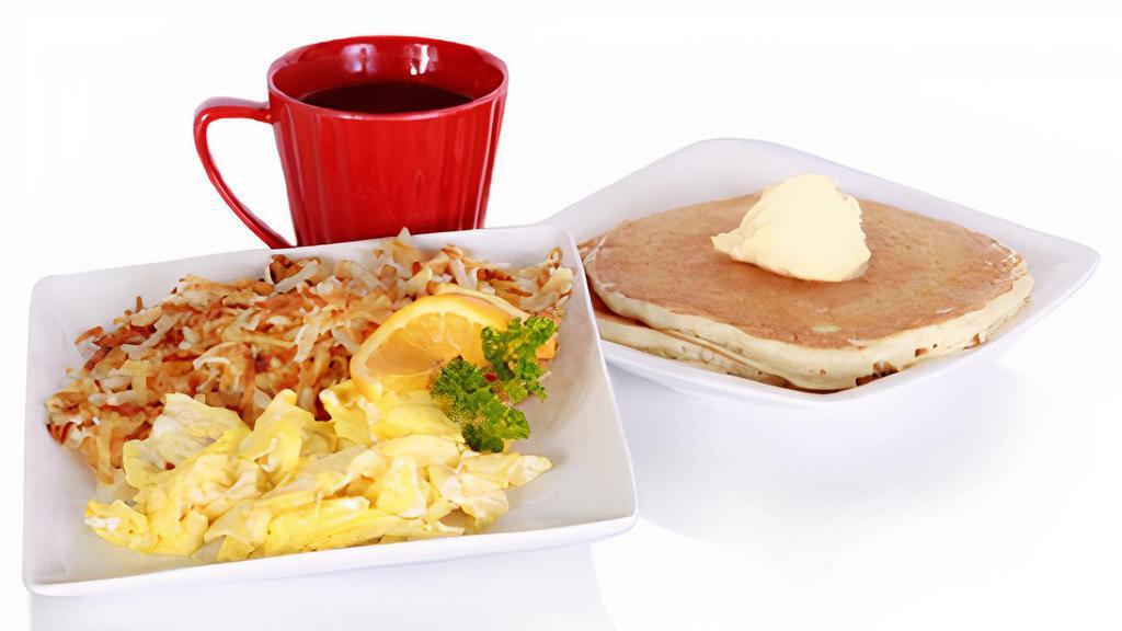 Cakes N Eggs Breakfast · double stack buttermilk pancakes / two eggs* / hash browns