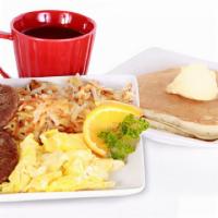 Go For It Sausage · double stack of buttermilk pancakes / two eggs* / hash browns / sausage