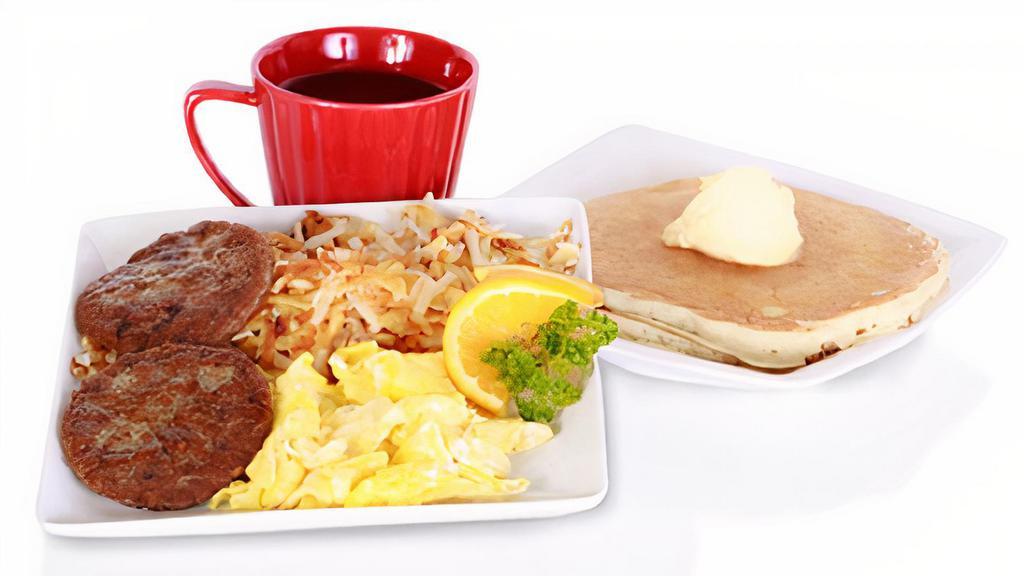 Go For It Sausage · double stack of buttermilk pancakes / two eggs* / hash browns / sausage