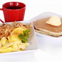 Small Cake & Eggs · one egg* / Your choice of meat / stack of pancakes