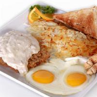 Chicken Fried Steak · chicken fried steak smothered with country sausage gravy / two eggs* / hash browns / choice ...