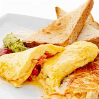 2 Egg Baja Omelet · Onions, Peppers, Cheese, Side of Salsa and Guacamole.