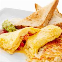 3 Egg Baja Omelet · Onions, Peppers, Cheese, Side of Salsa and Guacamole.