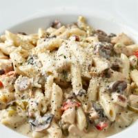 Chicken Penne · Penne pasta with grilled chicken breast, sautéed with garlic, mushrooms and bell peppers in ...