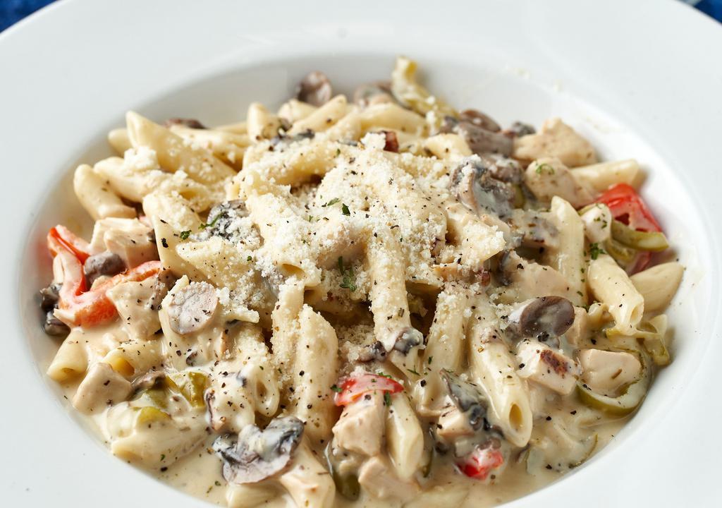 Chicken Penne · Penne pasta with grilled chicken breast, sautéed with garlic, mushrooms and bell peppers in a Parmesan cream sauce.