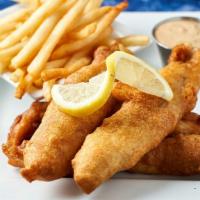 Fish & Chips · Hand cut, beer battered, and served with remoulade and french fries.