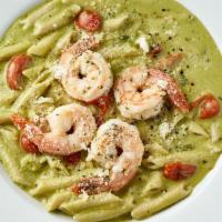 Willie’S Spicy Shrimp · Penne pasta with jumbo shrimp in a spicy pesto cream sauce with cherry tomatoes, chopped jal...