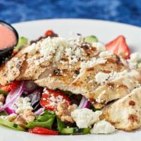 Strawberry Salad · Favorite. All natural grilled chicken breast, mixed greens, cucumbers, feta cheese, red onio...