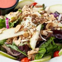Pear Chicken Salad · All natural chicken breast, mixed greens, cherry tomatoes, red onions, goat cheese, sliced a...