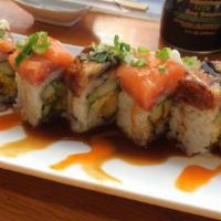 Tiger Roll · Crab meat, cucumber, avocado, topped with shrimp, spicy mayo(torched), and cilantro.