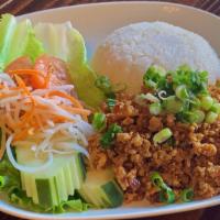 Ground Tork Rice Plate / Cơm Đĩa Thit Băm Chay · Tofu and cauliflower stir fried in lemongrass. Vegan and Gluten Free.