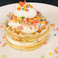Fruity Pebble · Two 4 inch fruity pebble Belgian waffles filled with c ream cheese filling and topped with f...
