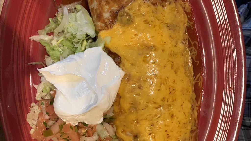 Chorizo Burrito · A flour tortilla filled with chorizo, scrambled eggs, rice and beans topped with our own special red sauce, onions, tomatoes, sour cream, and cheese.