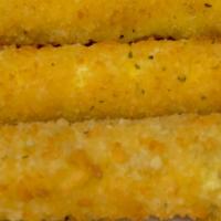 Mozzarella Cheese Sticks · Deep-fried cheese sticks. crispy on the outside gooey on the inside.