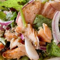 Larb Grilled Salmon (Gf) · Salad dressing, cilantro, red onion, green onion,  tomatoes, lettuce, garlic, mint, roasted ...