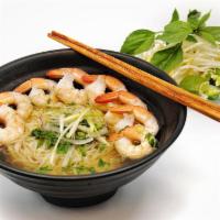 Shrimp Pho · Vietnamese pho noodle soup includes a rich beef soup stock rice noodles with green and white...