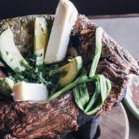 Molcajete Con Camarones · Grilled Steak served  Shrimp, Mexican sausage, green onions, Fried Jalapeño, Grilled Zucchin...